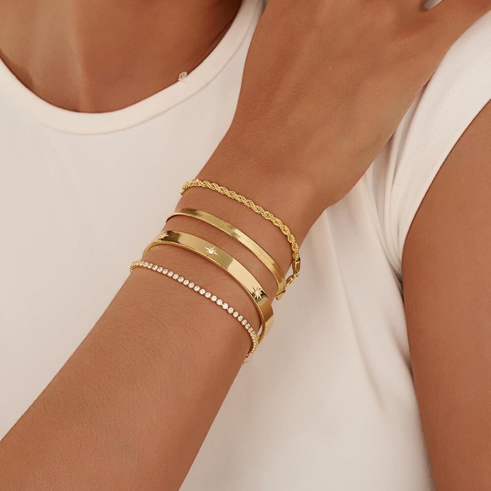 14k Gold Plated Stackable Bracelets Set - Adjusta… - image 2